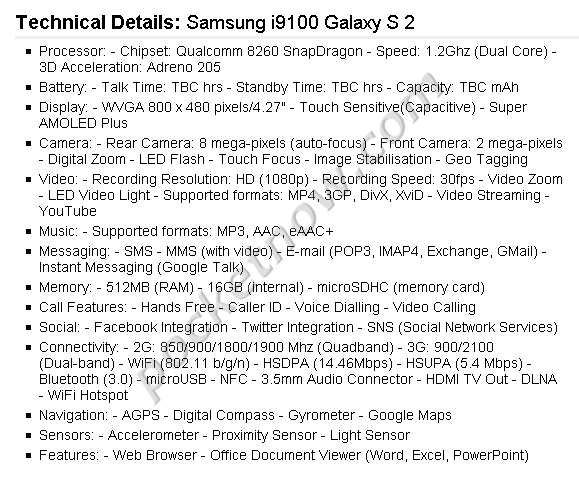 Samsung S 2 - specyfikacja