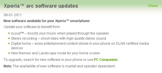 Sony Ericsson Xperia Arc - aktualizacja