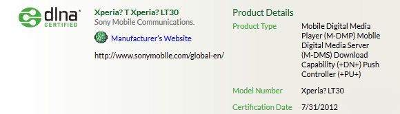 Sony LT30i Mint - certyfikat dlna