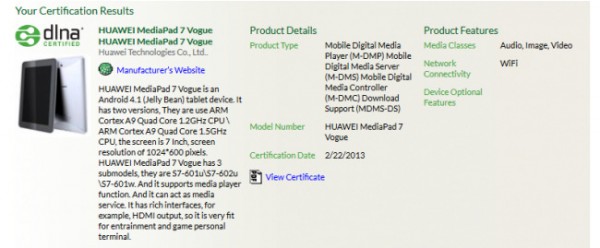 Huawei MediaPad 7 Vogue - specyfikacja