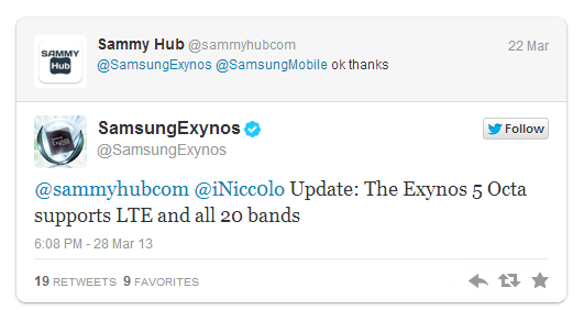 Samsung Exynos 5 Octa - potwierdzenie LTE na Twitterze